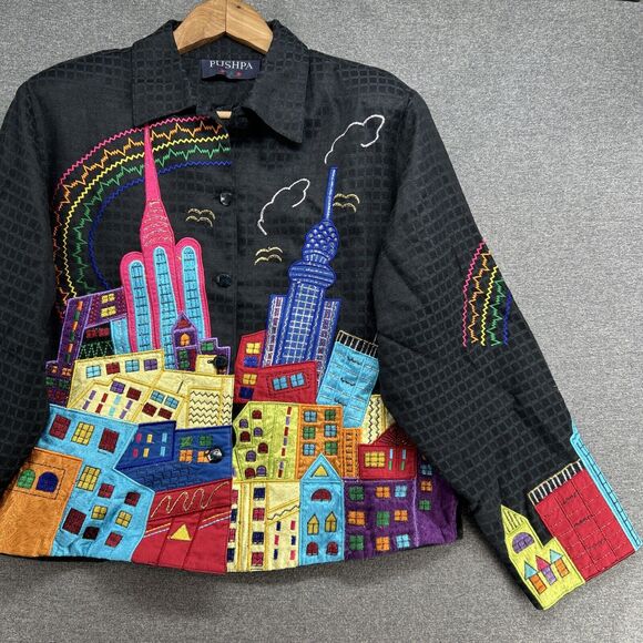 PUSHPA Vintage Blazer Women's Medium Colorful Sky Scraper Buildings Rainbow 90s - Picture 4 of 15
